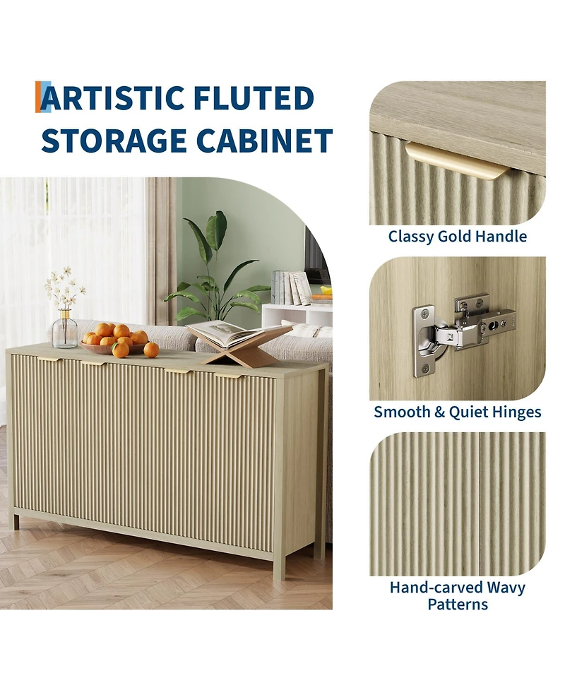 homfan 55 Inch Modern Fluted Wooden Credenza, 4-Door Sideboard Buffet with Adjustable Shelf, Multi-Purpose for Home Daily Use