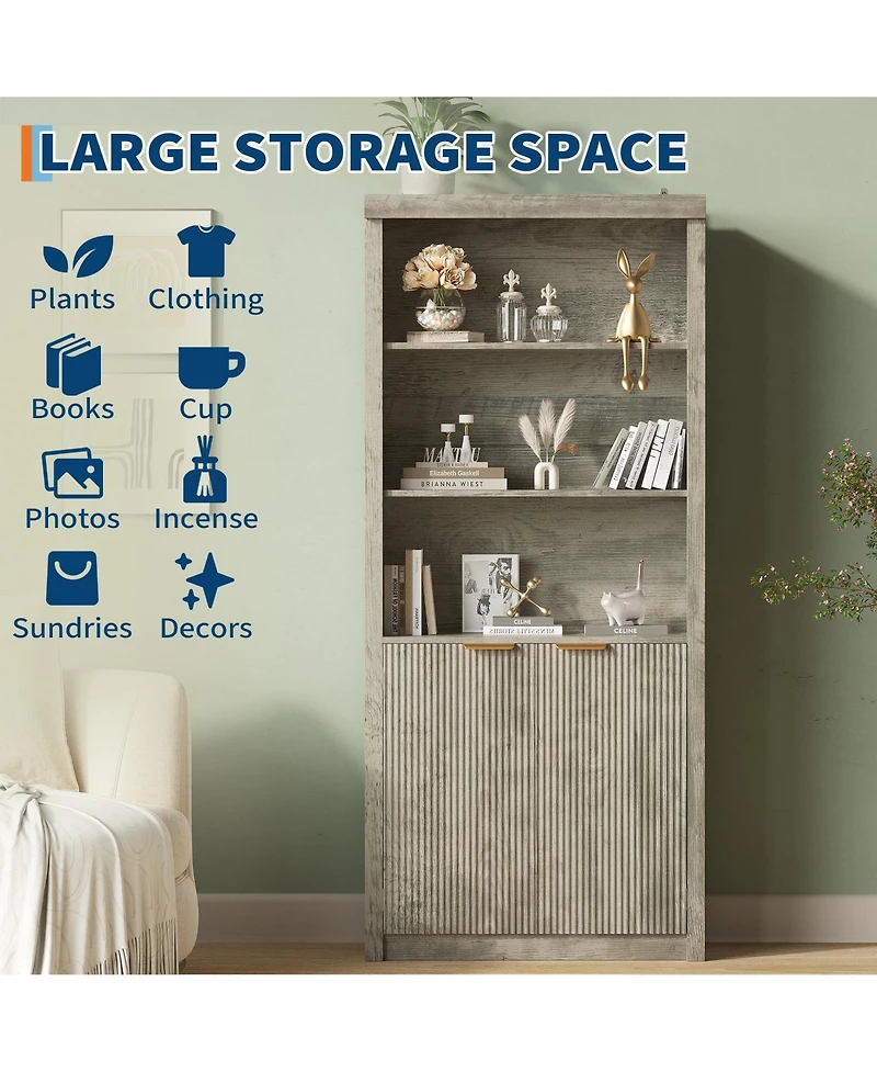 homfan 2 Sets Tall Wooden Bookcase Cabinet with Doors, 5 Adjustable Shelves, Freestanding Modern Storage for Home Office or Living Room
