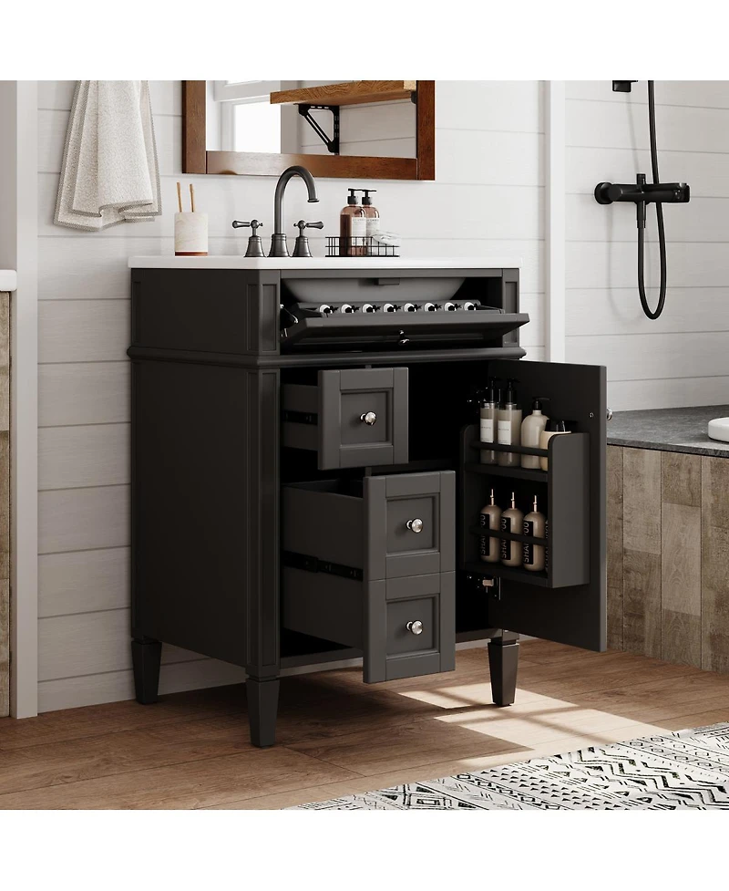 Sillysis 24" French Bathroom Vanity with Ceramic Sink, Modern Freestanding Cabinet, Soft Close Storage Drawers, Adjustable Shelf
