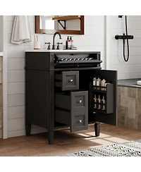 Sillysis 24" French Bathroom Vanity with Ceramic Sink, Modern Freestanding Cabinet, Soft Close Storage Drawers, Adjustable Shelf