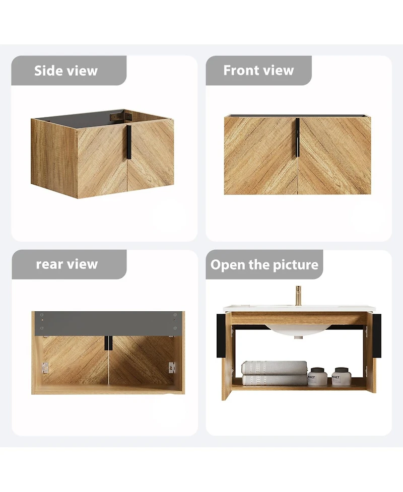 Sillysis Modern Wall Mounted Bathroom Vanity, 3D Fluted Double Door Cabinet, Integrated Ceramic Sink