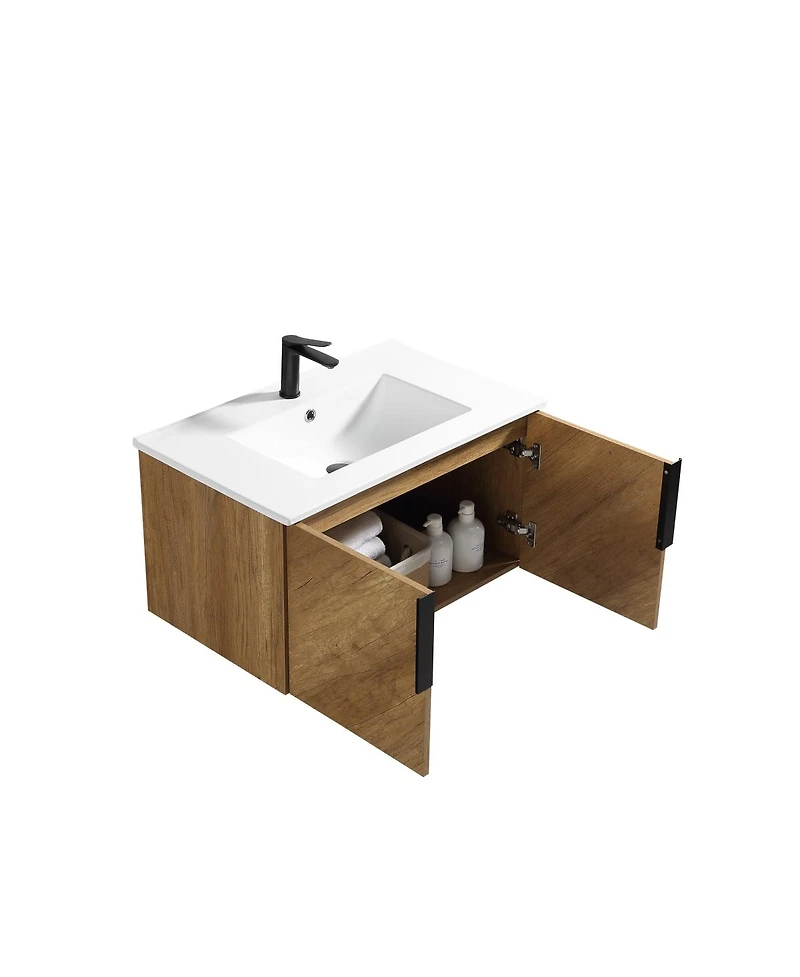 Sillysis Modern Wall Mounted Bathroom Vanity, 3D Fluted Double Door Cabinet, Integrated Ceramic Sink