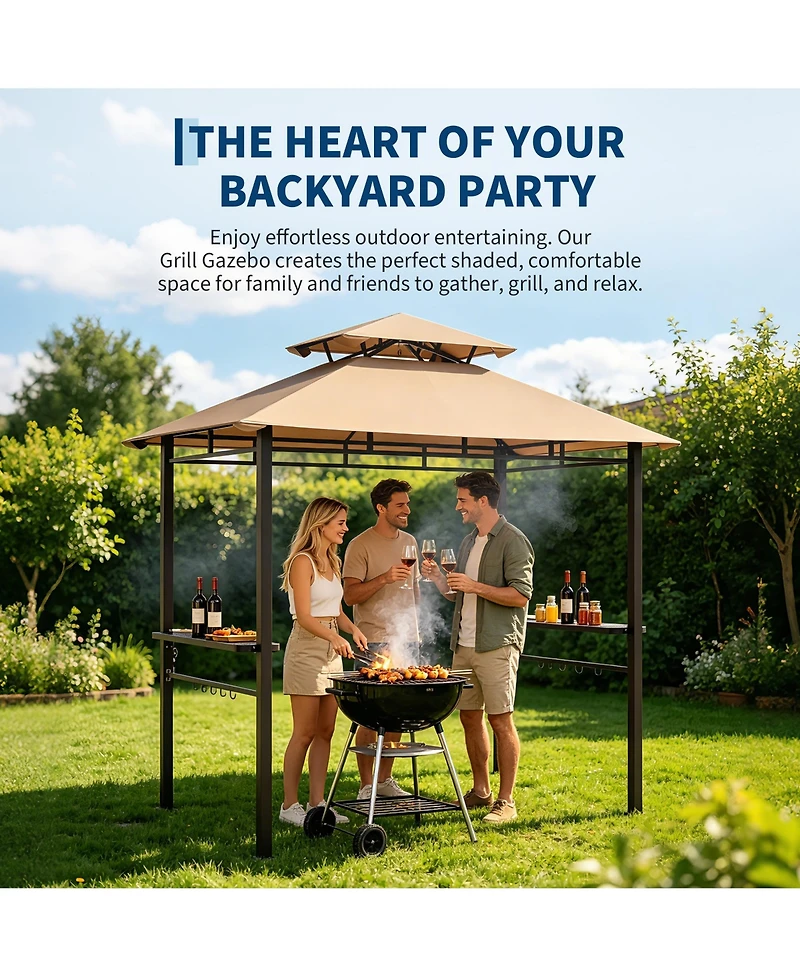 homfan Bbq Grill Gazebo with Double Roof and Eaves, Metal Frame and Canopy for Outdoor Cooking, for Patio, Backyard, Deck