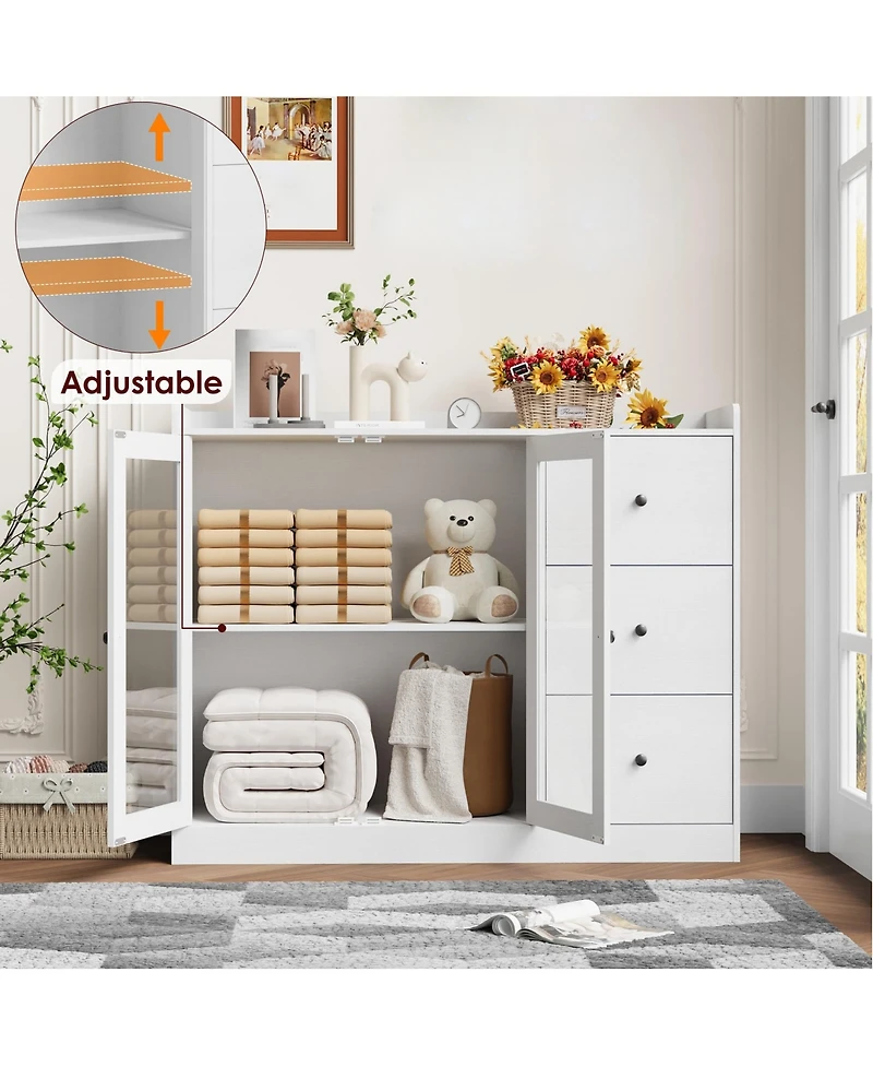 homfan 43 Inch Modern Wood Sideboard Organizer, Buffet Cabinet with Glass Doors, 3 Drawers, Adjustable Shelves and Guardrail for Home Use