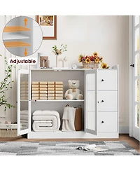 homfan 43 Inch Modern Wood Sideboard Organizer, Buffet Cabinet with Glass Doors, 3 Drawers, Adjustable Shelves and Guardrail for Home Use