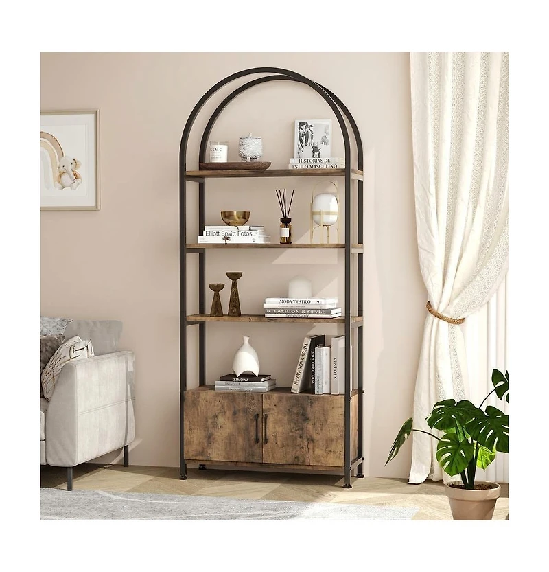 homfan 4-Tier Arched Bookshelf with Closed Doors, Thick Board Metal Frame Tall Storage Cabinet with Non-Slip Feet
