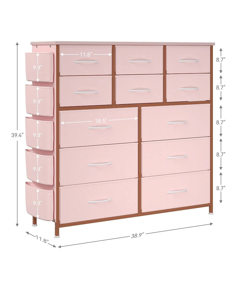 homfan 12-Drawer Dresser, Fabric Dresser for Bedroom with Side Pockets and Hooks, Tall Storage Tower with Adjustable Feet for Living Room, Hallway