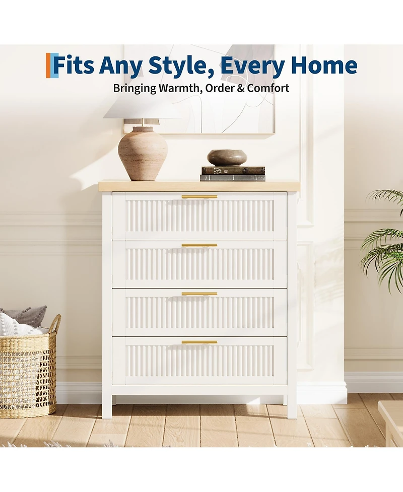 homfan Fluted Drawers Dresser, 30 Inch Wood Chest of Drawers with 4 Drawers for Bedroom, Living Room