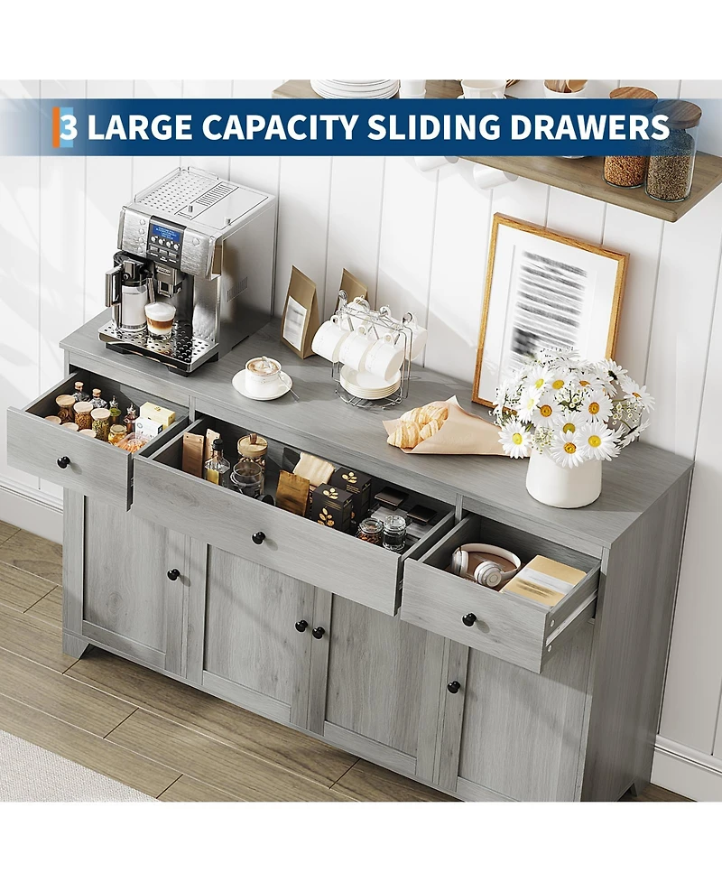 homfan 55 Inch Large Sideboard Buffet Cabinet with 3 Drawers and Doors, Farmhouse Storage Console Table Coffee Bar with Adjustable Shelf