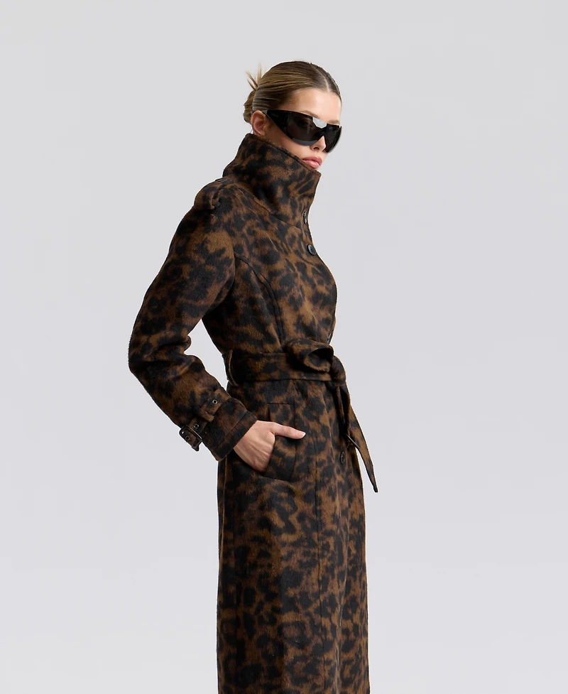 Avec Les Filles Womens Leopard Wool Trench Coat