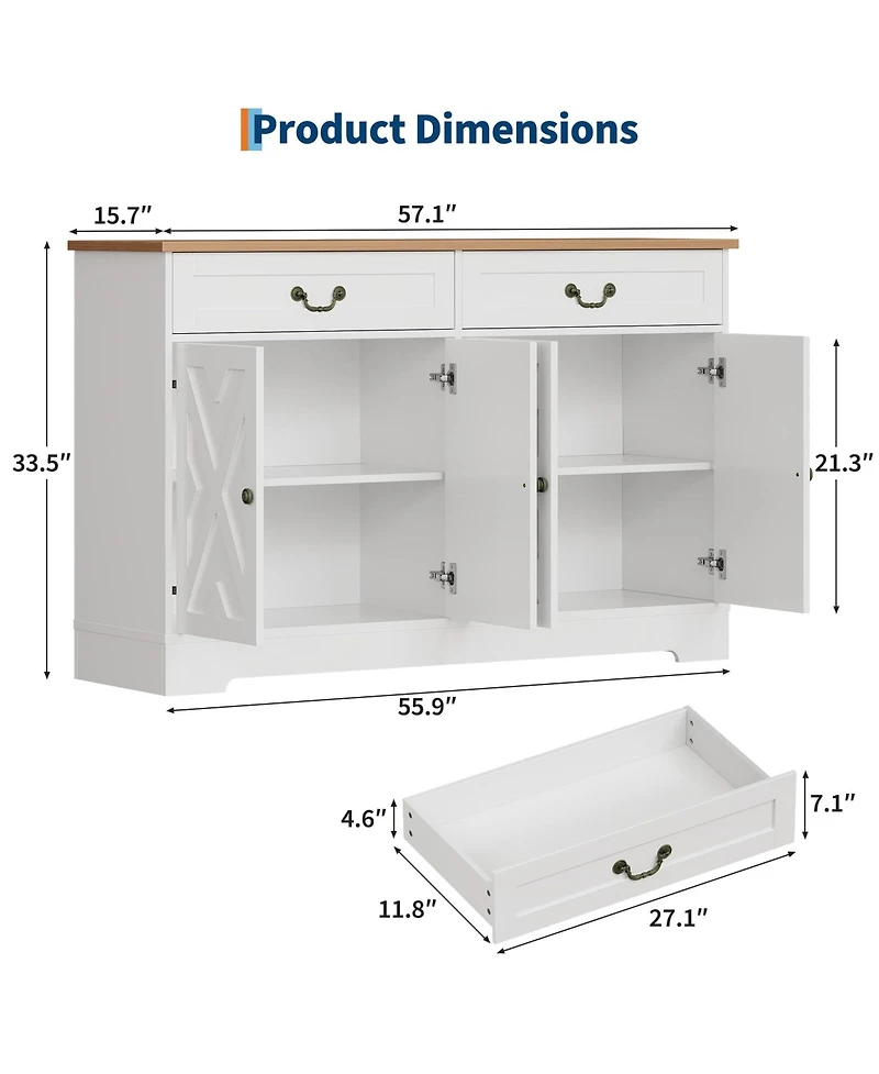 homfan Farmhouse Sideboard Buffet with 2 Doors and Drawer, Adjustable Shelf and 150LB Load Capacity for Dining Room and Entryway