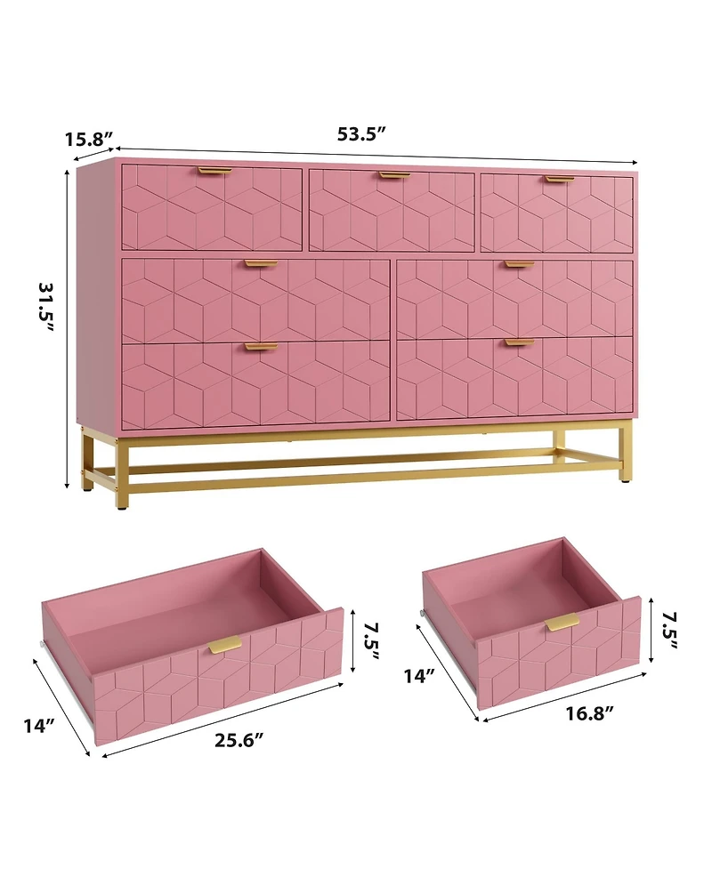 homfan Wide Dresser for Bedroom, Modern 7 Chest of Drawers Triple Dresser with Gold Accents, Long Storage Organizer for Tv Stand and Closet