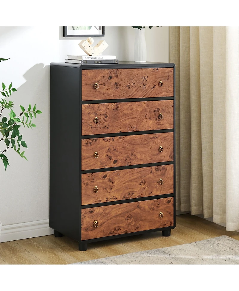 homfan Modern Tall 5-Drawer Dresser for Bedroom, Wood Chest with Circle Handles, Curved Profile, Storage Cabinet for Living Room, Hallway, Entryway
