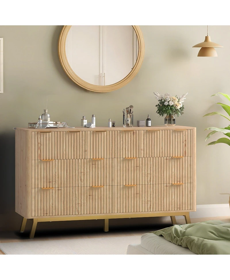 homfan Modern Fluted 7 Drawer Dresser, Wooden Chest with Golden Handles, Iron Base, Storage and Tv Stand for Bedroom, Living Room, Entryway