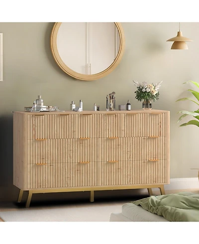 homfan Modern Fluted 7 Drawer Dresser, Wooden Chest with Golden Handles, Iron Base, Storage and Tv Stand for Bedroom, Living Room, Entryway