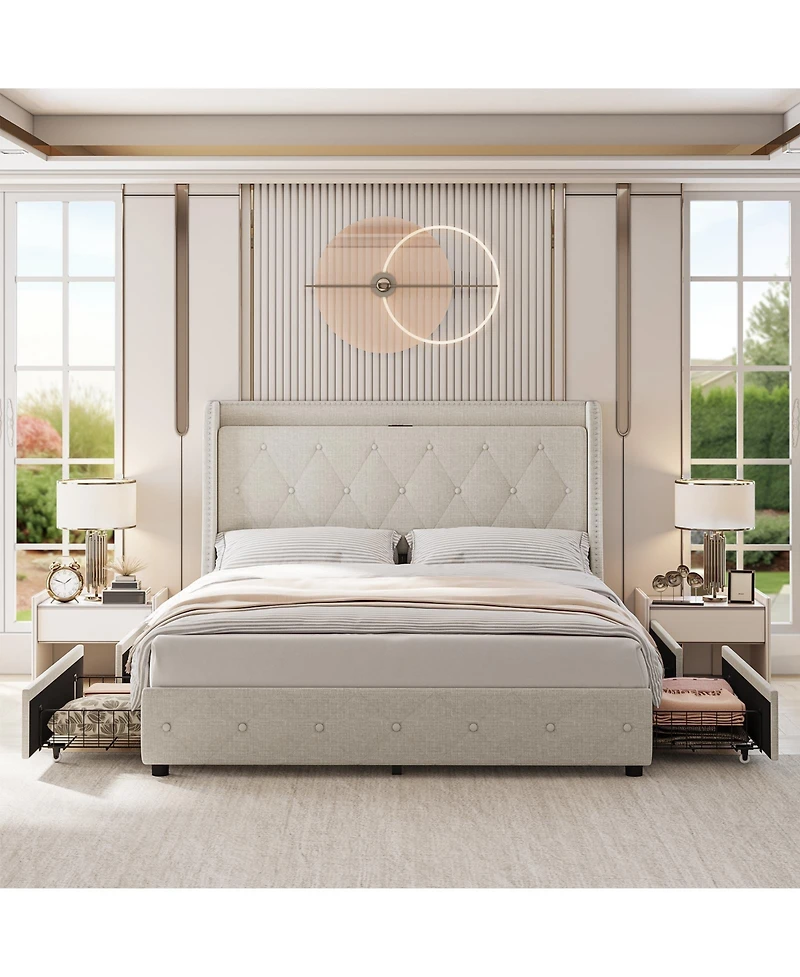 homfan Wingback Headboard Upholstered Platform Bed, 4 Storage with Built in Charging Station, Noise Free Support, No Box Spring Required for Bedroom