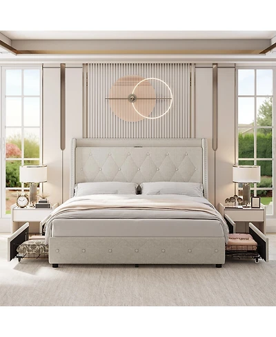 homfan Wingback Headboard Upholstered Platform Bed, 4 Storage with Built in Charging Station, Noise Free Support, No Box Spring Required for Bedroom