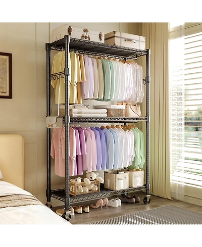 homfan Heavy Duty Armorie, 75 Inch Metal Storage Wardrobe with Double Hanging Rods, Adjustable Shelves and Wheels for Bedroom or Closet