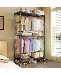 homfan Heavy Duty Armorie, 75 Inch Metal Storage Wardrobe with Double Hanging Rods, Adjustable Shelves and Wheels for Bedroom or Closet