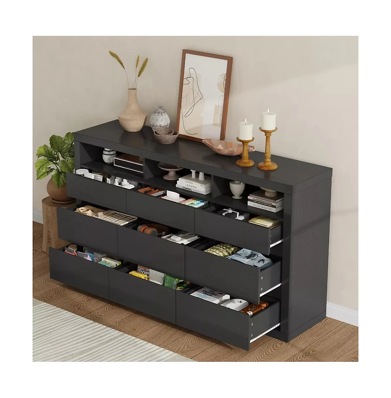 homfan 9 Drawer Dresser, Modern Wooden Chest of Drawers with 3 Open Shelves, Dresser for Bedroom, Living Room, Closet Storage