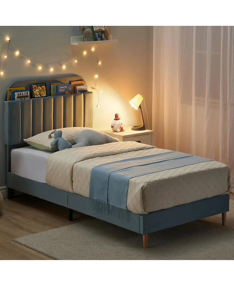 homfan 2 Piece Twin Size Suede Upholstered Platform Beds, Bookcase Headboard, Steel Support Frame, Noise Free, Easy Assembly, Practical Storage Design