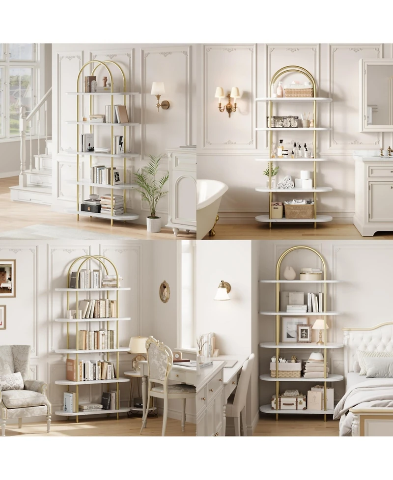 homfan 5-Tier Arched Open Bookshelf, Two-tone Metal Wood Storage Display Shelf for Home Bedroom Office