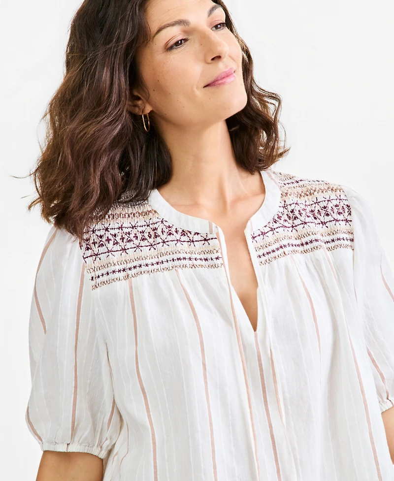 Style & Co Women's Striped Smocked Elbow-Sleeve Cotton-Linen Blend Top, Macy's Exclusive