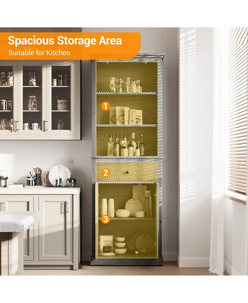 homfan Tall Mid-Century Pantry Cabinet with Open Shelves, Drawer and Glass Door Cabinet, Barn Door Design, Engineered Wood, Slim Space-Saving Storage