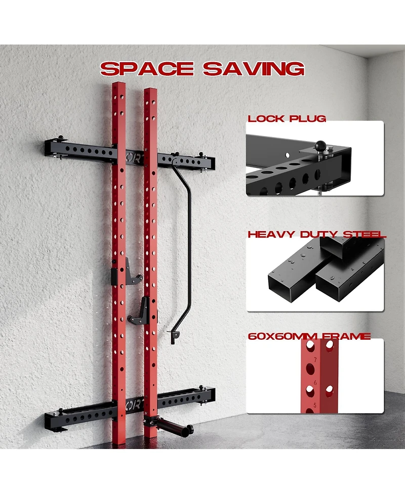 homfan 89" Wall-Mounted Folding Squat Rack with Spotter Arms, Home Gym Power Rack for Bench Press Pull Ups Exercise