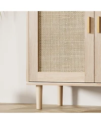 homfan 2-Pack Boho Rattan Coffee Table and Buffet Cabinet Set, 2-Door with Open Shelf, Adjustable Multi-Purpose Console for Home Spaces