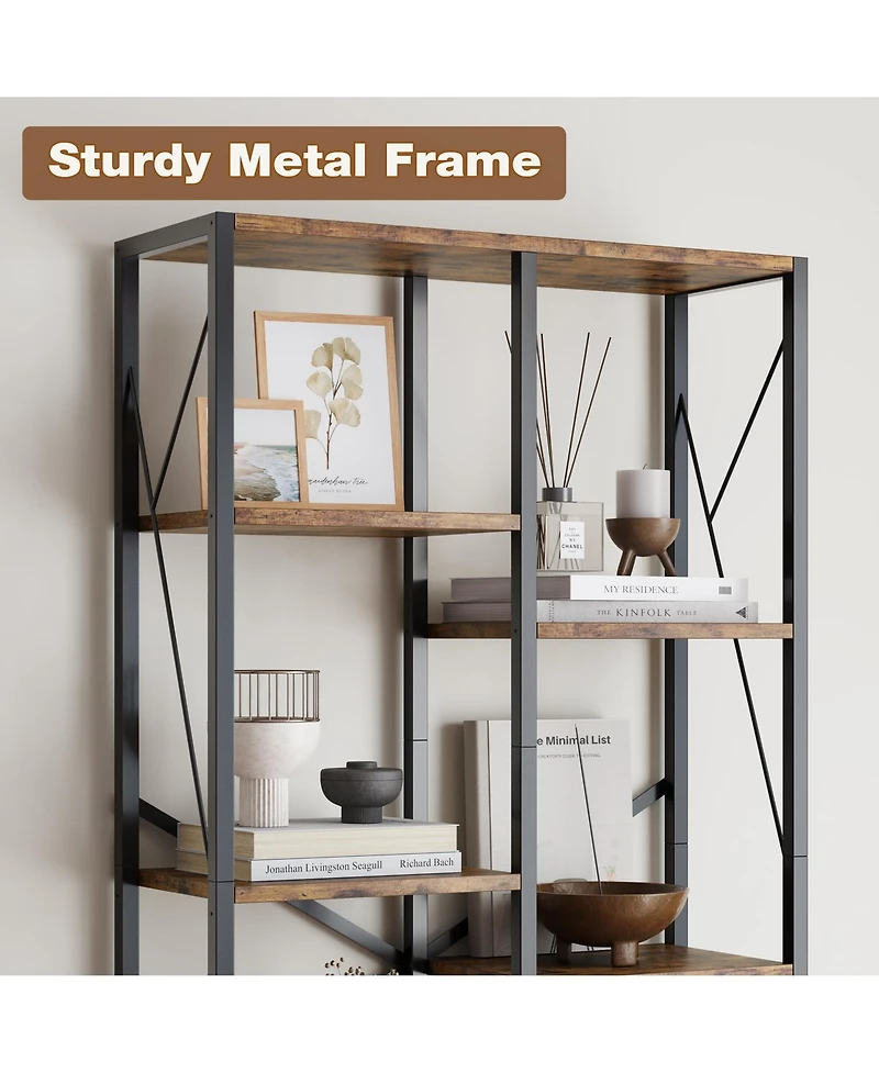 Industrial 5-Tier Bookshelf - Rustic Wood and Metal Bookcase with Spacious Open Shelves, Farmhouse Standing Storage Rack for Living Room, Bedroom