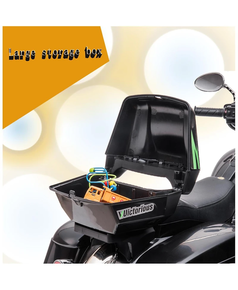 Yobtop Kids Ride On Motorcycle 12V - Led Lights Electric Toy, Wireless Music, Storage Trunk, Pu Seat, Forward and Reverse, Rechargeable, Ages 3-6