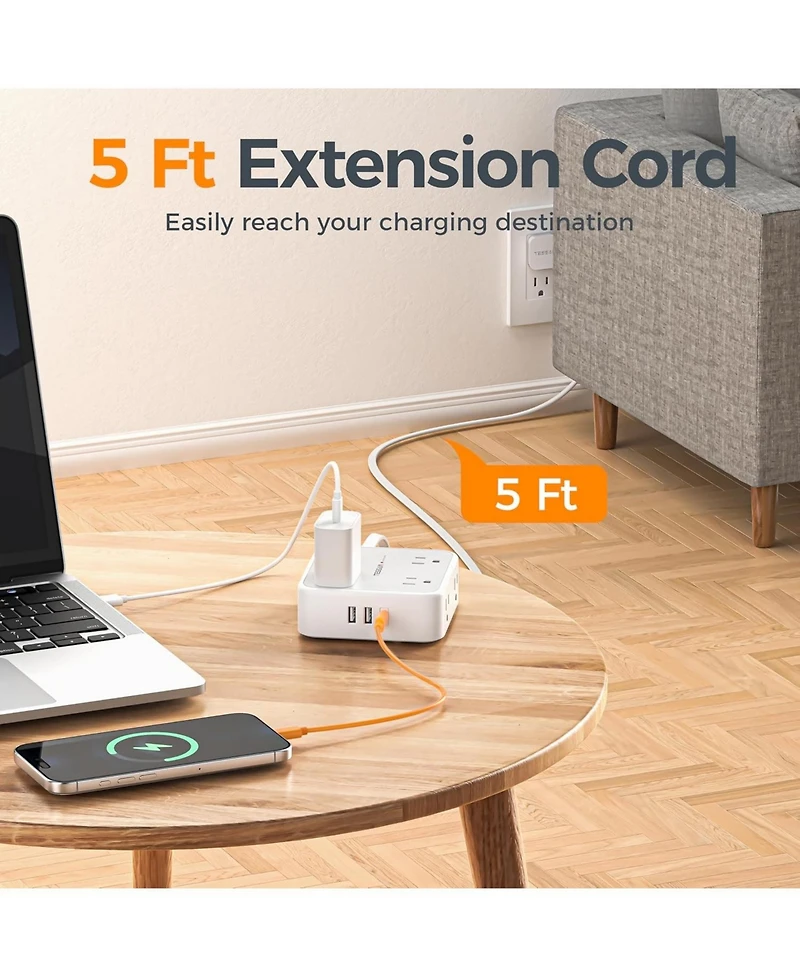 Tessan Surge Protector Power Strip, 5 Feet t Flat Plug Extension Cord with 3 Usb (1 Usb C) 8 Outlets, 1250W, 900J Protection, 3 Sided Outlet Extender