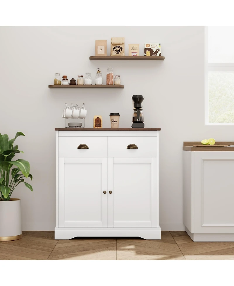 homfan Farmhouse Buffet Cabinet with Storage, Kitchen Sideboard with 2 Doors and 2 Drawers, Wooden Coffee Bar Cabinet with Shelves for Dining Room