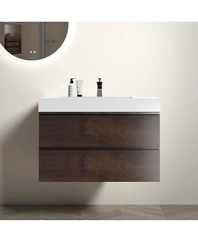 Sillysis Walnut Floating Bathroom Vanity with Double Soft Close Drawers, Handle-Free Design and Large Storage for Modern Bathrooms