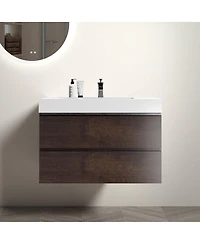 Sillysis Walnut Floating Bathroom Vanity with Double Soft Close Drawers, Handle-Free Design and Large Storage for Modern Bathrooms