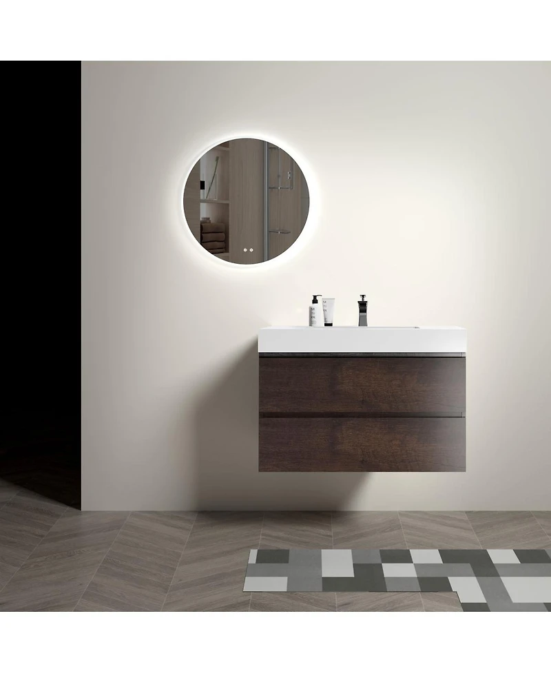 Sillysis Walnut Floating Bathroom Vanity with Double Soft Close Drawers, Handle-Free Design and Large Storage for Modern Bathrooms