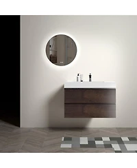 Sillysis Walnut Floating Bathroom Vanity with Double Soft Close Drawers, Handle-Free Design and Large Storage for Modern Bathrooms
