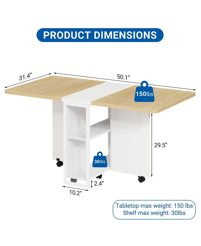 homfan Folding Drop Leaf Table, 2-Tier Storage Shelf with Lockable Casters, Heavy Duty Multi-use Home Dining and Writing Desk