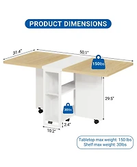 homfan Folding Drop Leaf Table, 2-Tier Storage Shelf with Lockable Casters, Heavy Duty Multi-use Home Dining and Writing Desk
