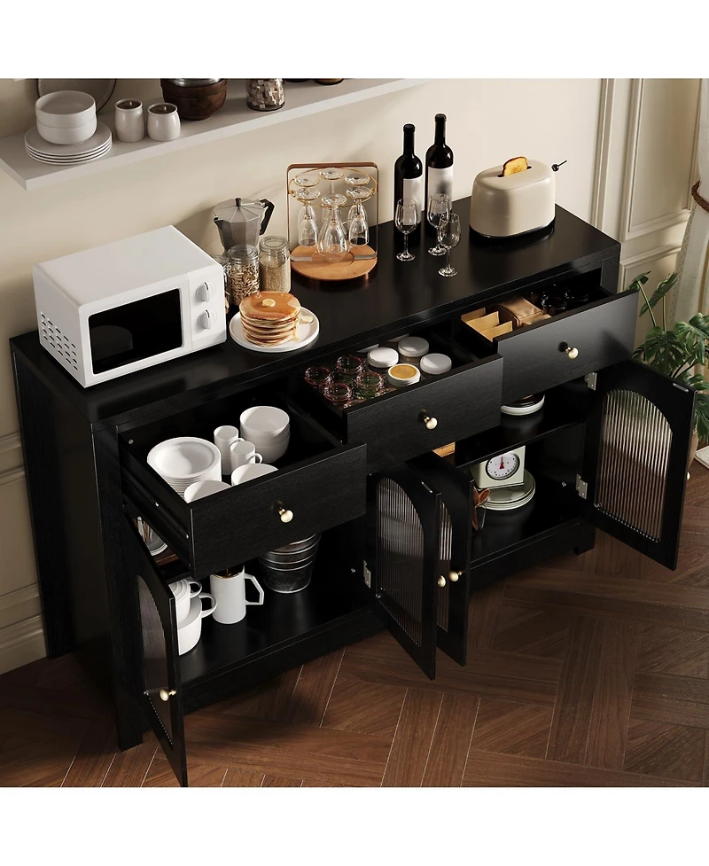homfan Farmhouse Wooden Buffet Cabinet, Narrow Storage Coffee Bar with 3 Drawers and 4 Doors for Kitchen and Dining Room