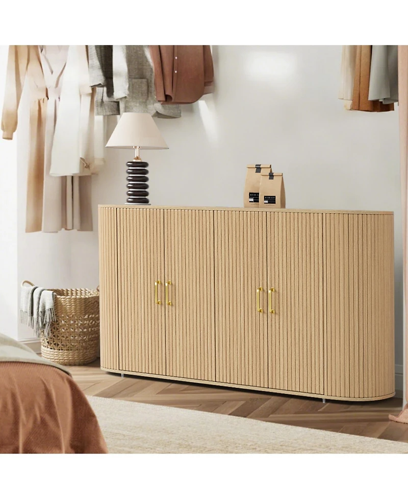 homfan Modern Large Storage Sideboard Buffet Cabinet, Curved Wooden Design, 4 Fold Doors, Console for Dining Room, Kitchen, Living Room