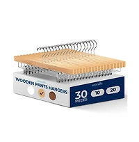 SereneLife 30 Pcs. Premium Wooden Pants Hangers - Heavy Duty Hanger Set with Chrome 360degree(s) Swivel Hook