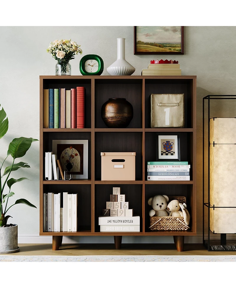 homfan Modern 3-Tier 9-Cube Wooden Bookcase, Open Shelf Organizer, Mid-Century Display Cabinet for Home Office, Living Room, Bedroom, Entryway