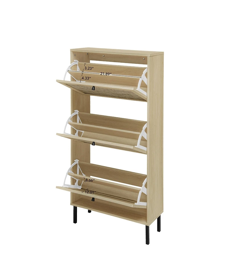 Rainsken Rattan 3 Door Shoe Rack, Freestanding Shoe Storage Cabinet with Metal Base and Anti-Slip Feet, Anti-Tipping Design for Entryway