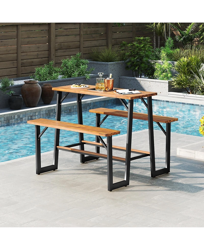Sugift Patio Picnic Table Bench Set with Acacia Wood Tabletop and Benchtop