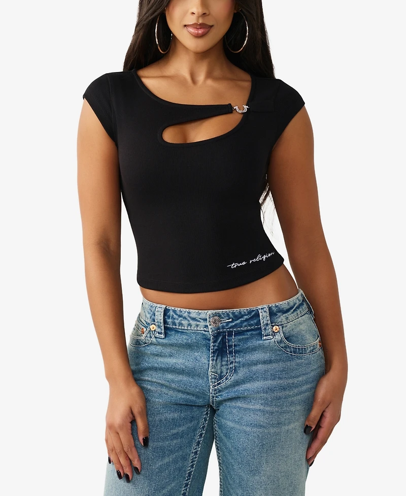 True Religion Women's Crystal Horseshoe Cut Out Rib Top