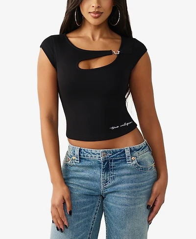 True Religion Women's Crystal Horseshoe Cut Out Rib Top