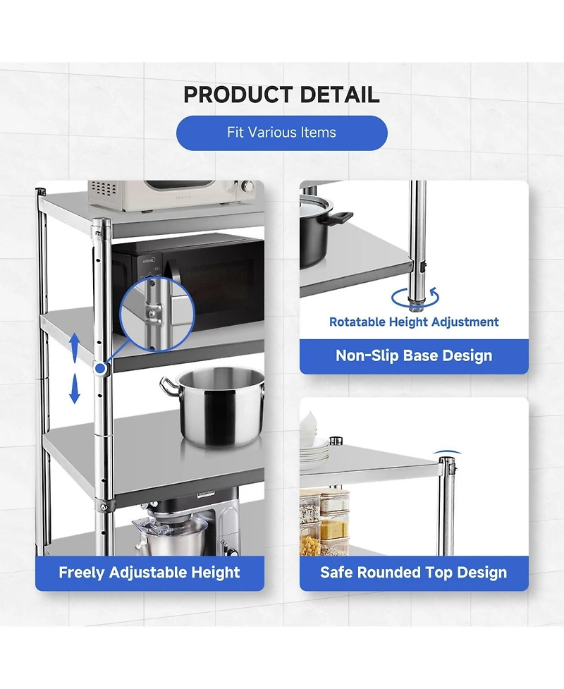 homfan 4 Tier Stainless Steel Shelf, Silver Heavy Duty Adjustable Shelving Unit with Wheels for Kitchen or Pantry