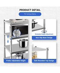 homfan 4 Tier Stainless Steel Shelf, Silver Heavy Duty Adjustable Shelving Unit with Wheels for Kitchen or Pantry
